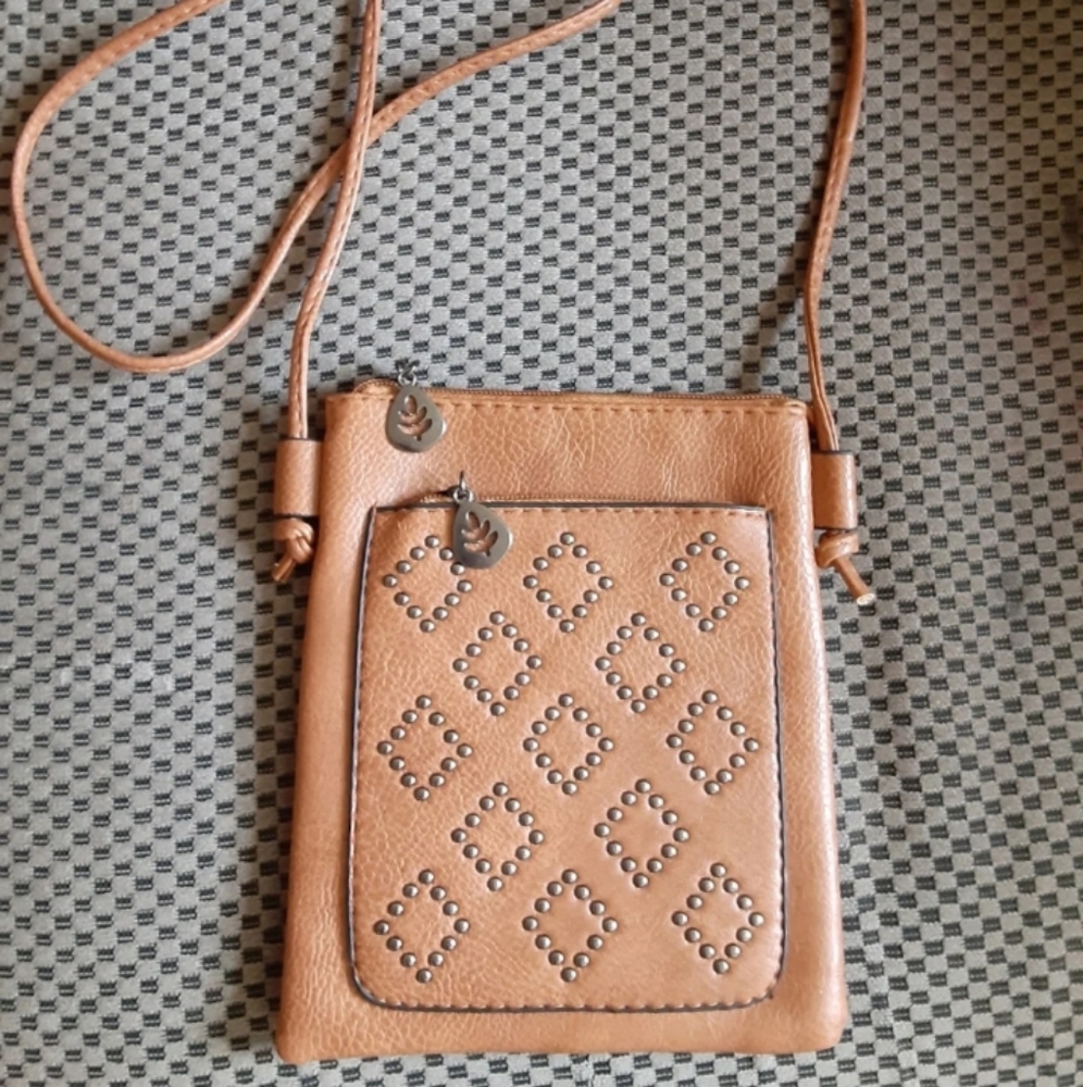 Leather Studded Shoulder Bag - Light Brown